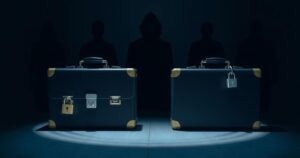 A symbolic representation of opaque political financing with locked briefcases and shadowy figures in democracy context.