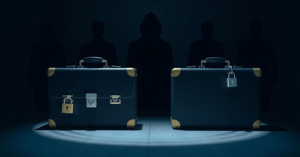 A symbolic representation of opaque political financing with locked briefcases and shadowy figures in democracy context.