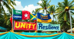 A colorful political rally scene depicting unity and change, featuring banners and symbols of teamwork and resilience.