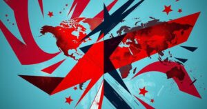 Abstract representing international tensions with bold colors and geometric shapes, symbolizing geopolitical conflict.