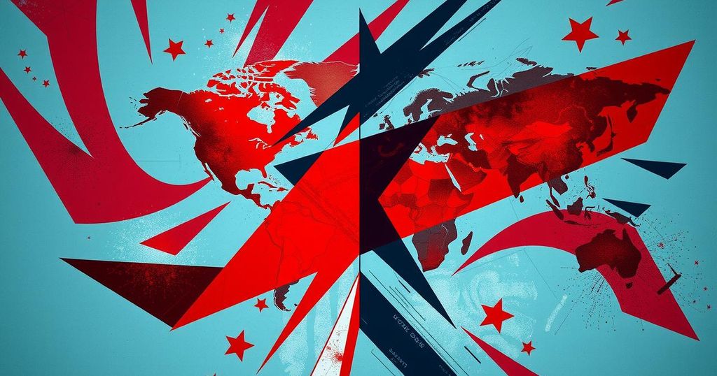 Abstract representing international tensions with bold colors and geometric shapes, symbolizing geopolitical conflict.