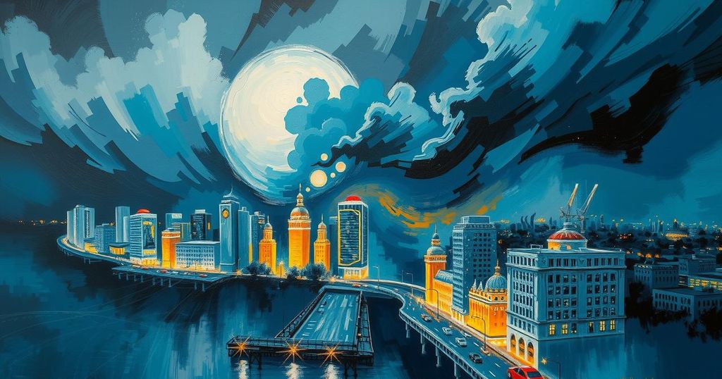 Colorful cityscape with dark clouds, representing tension and turmoil in urban life.
