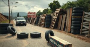 Illustration of roadblocks in Bolivia with police and protest signs, set in vibrant colors, capturing political tension.