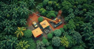 Aerial view of the Amazon rainforest with oil drilling sites marked, emphasizing environmental concerns and protests.
