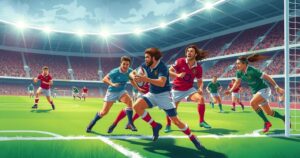 A rugby match scene depicting a crucial play between two teams in a vibrant stadium filled with cheering fans.