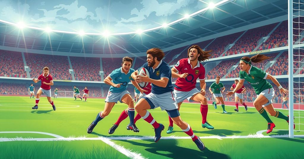 A rugby match scene depicting a crucial play between two teams in a vibrant stadium filled with cheering fans.