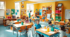 A vibrant classroom scene showcasing diverse students engaged in collaborative learning with educational materials.