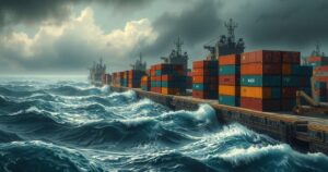 A turbulent seascape depicting a dock with shipping containers in a war-impacted coastal city, captured in earthy tones.