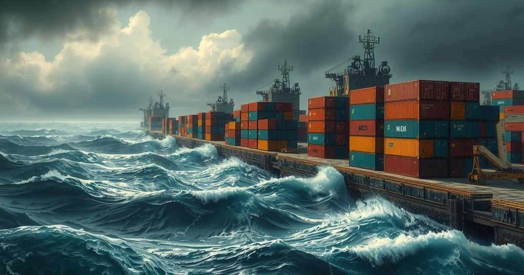 A turbulent seascape depicting a dock with shipping containers in a war-impacted coastal city, captured in earthy tones.