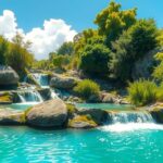 Vibrant landscape featuring a serene water plunge in Chile, surrounded by lush greenery and a bright blue sky.