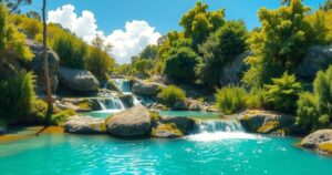 Vibrant landscape featuring a serene water plunge in Chile, surrounded by lush greenery and a bright blue sky.