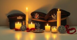 Candlelit memorial with badges and caps honoring officers, emphasizing respect and remembrance in a solemn atmosphere.