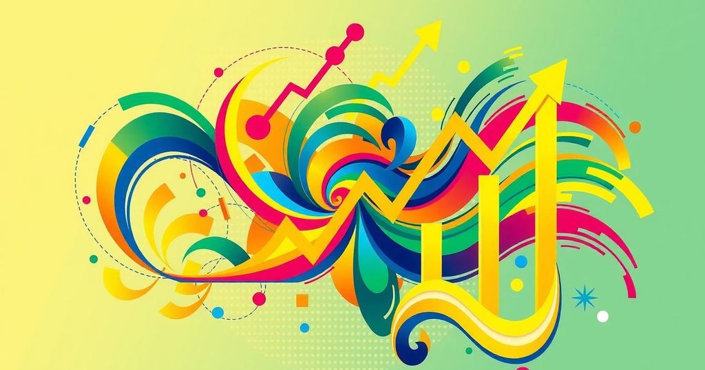 Colorful representation of Colombia's economic stability with vibrant chart motifs and abstract designs showing inflation trends.