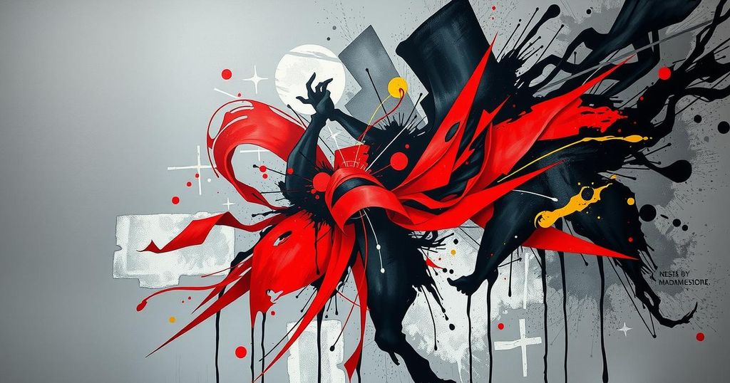 An abstract representation of corruption symbolizing challenges in Zimbabwe with dark tones and bold contrasts.