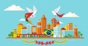 Illustration of a vibrant Brazilian skyline with symbolic elements representing international cooperation and diplomacy.