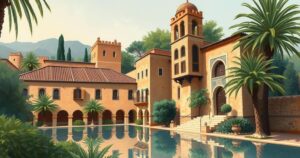 A serene historical landscape of Morocco with traditional architecture and vibrant colors reflecting its rich culture.