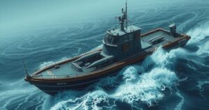 A small boat on turbulent waters, showcasing military gear and missile components, reflecting a tense maritime operation.