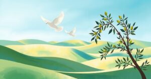 A peaceful landscape with doves flying over abstract olive branches, symbolizing peace and a ceasefire between nations.