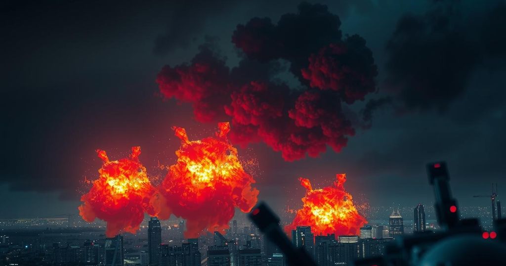 A tense military scene illustrating airstrikes and explosions over a modern cityscape, using dark colors and strong contrast.