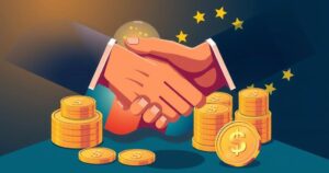 Illustration of financial cooperation between nations, featuring symbolic elements like hands shaking, coins, and flags.