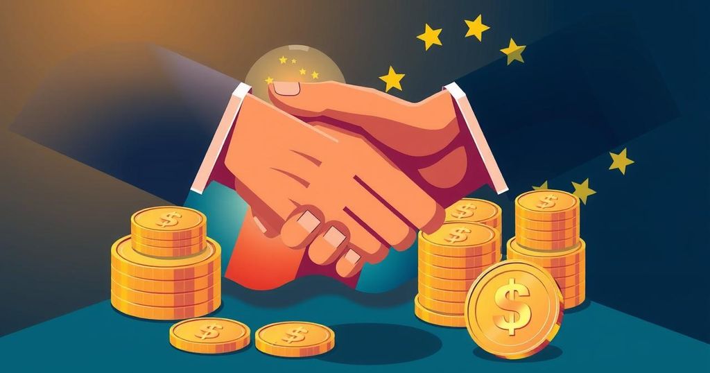 Illustration of financial cooperation between nations, featuring symbolic elements like hands shaking, coins, and flags.