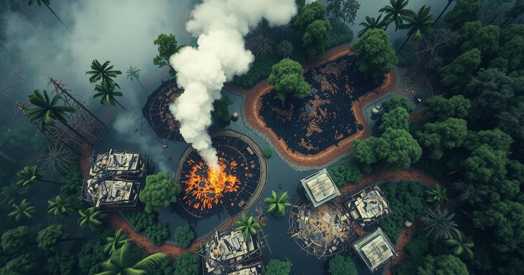 Aerial view of a devastated rainforest showing burnt trees and land, emphasizing deforestation impacts.