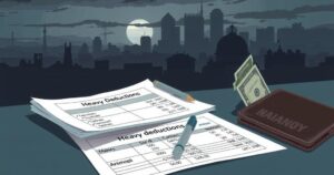 Illustration depicting economic struggles in Kenya with financial documents and a diminishing wallet against a dark cityscape.