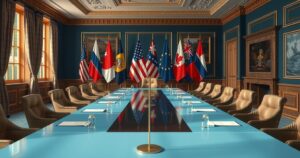 A diplomatic meeting scene, highlighting cooperation in international relations with a focus on counterterrorism efforts.