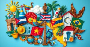 Colorful collage representing South Florida's diverse cultures from Haiti, Cuba, and Venezuela with emphasis on community strength.