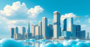 A modern skyline representing Nigeria's economic growth with blue skies and vibrant cityscapes