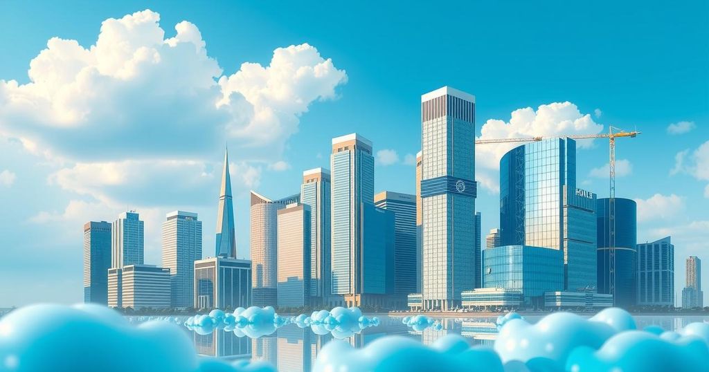 A modern skyline representing Nigeria's economic growth with blue skies and vibrant cityscapes