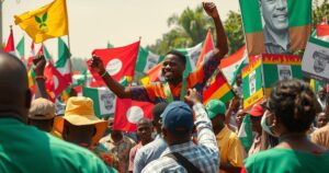 A vibrant political rally scene in Nigeria highlighting democracy with banners and symbols of governance.