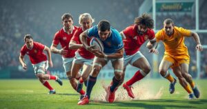A dynamic rugby match scene with intense players in action, showcasing vibrant colors and energetic movements.