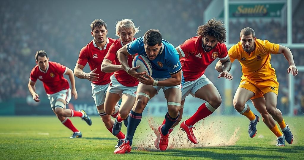 A dynamic rugby match scene with intense players in action, showcasing vibrant colors and energetic movements.