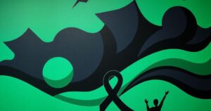 A symbolic representation of opportunity and change, featuring the colors green and black, abstract shapes signaling transformation.