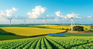 A vibrant landscape showing collaboration between Nigeria and Brazil in agriculture and energy development.