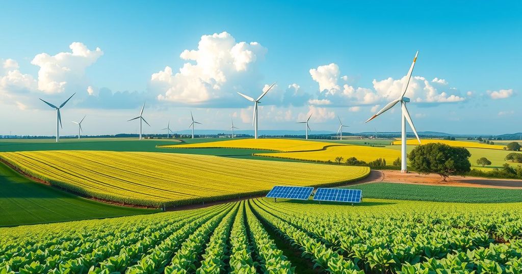 A vibrant landscape showing collaboration between Nigeria and Brazil in agriculture and energy development.