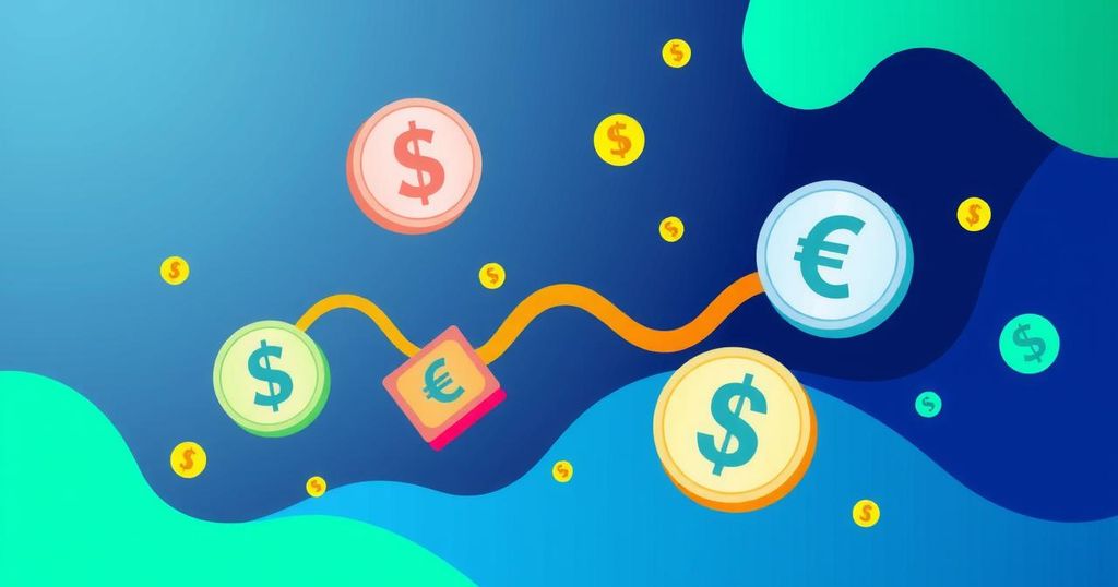 A digital payment concept featuring a stylized currency symbol and abstract financial elements in a vibrant color scheme.