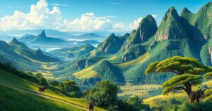 A serene landscape of Uganda and Tanzania showcasing lush green mountains and vibrant wildlife, captured in a realistic style.