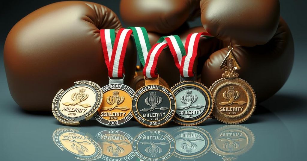 Representation of Nigerian Armed Forces boxing medals including silver and bronze on display with a trophy background.