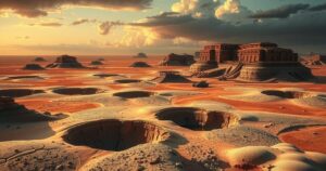 A powerful depiction of a military operation, featuring aerial views of craters and a desert landscape under dramatic skies.