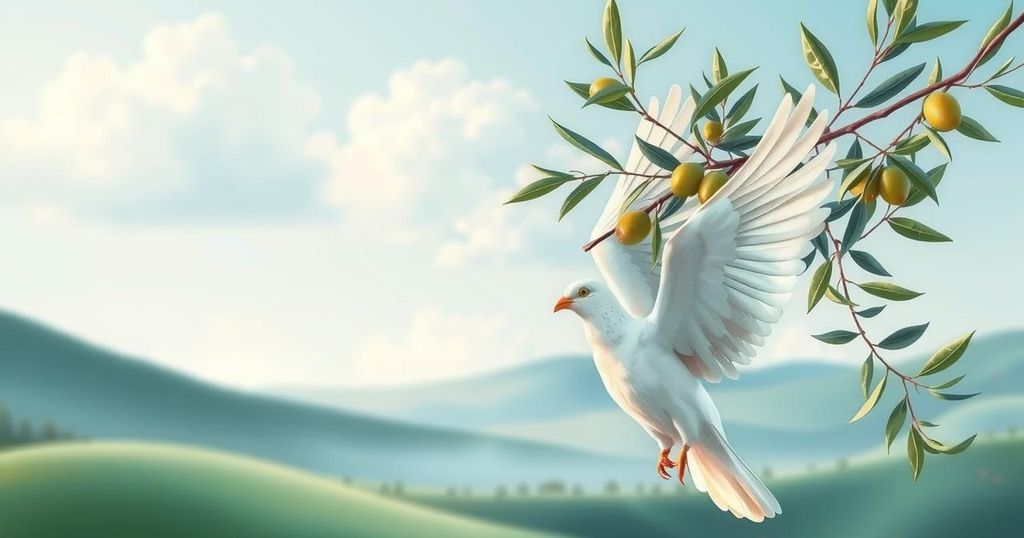 A symbolic representation of diplomatic relations featuring olive branches and a peace dove against a serene backdrop.