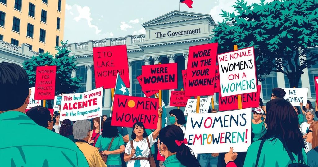 A protest scene near a government building with banners emphasizing activism and women's leadership in a vibrant urban setting.