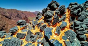 Astonishing mineral veins representing high-grade gold and silver discoveries in a geological setting under blue skies.