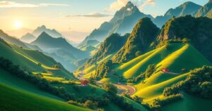 Landscape of lush mountains and green valleys representing Vietnam-Laos relations and development in the Central Highlands.