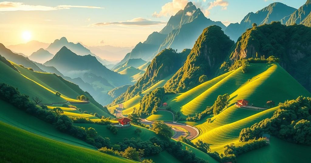 Landscape of lush mountains and green valleys representing Vietnam-Laos relations and development in the Central Highlands.