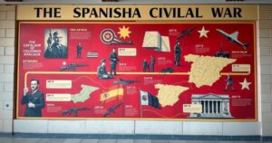 Spanish Civil War timeline illustrating key events with dramatic colors and historical symbols.