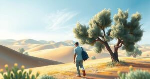 A peaceful Middle Eastern landscape with olive trees and calm skies, symbolizing diplomacy and de-escalation efforts.