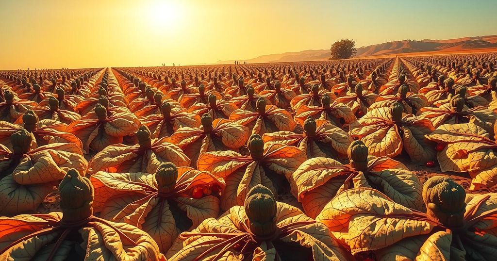 Dried coffee plants in a sunlit field highlighting the effect of drought on production and coffee prices.