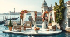 A luxurious open-air wedding setup on an island in Venice, featuring elegant floral arrangements and opulent decor.